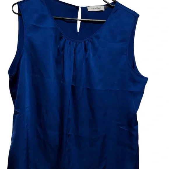 Calvin Klein Royal Blue Sleeveless Blouse Size XL Pleated Neck Career Top - Picture 4 of 6